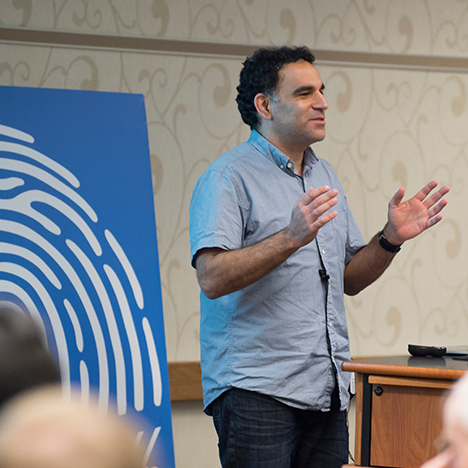 Dan Goldwasser, Purdue computer science professor, presents at the 2017 Dawn or Doom conference.